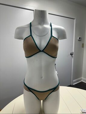 Beige Bikini with Teal Trim - Women’s Two-Piece Swim Set